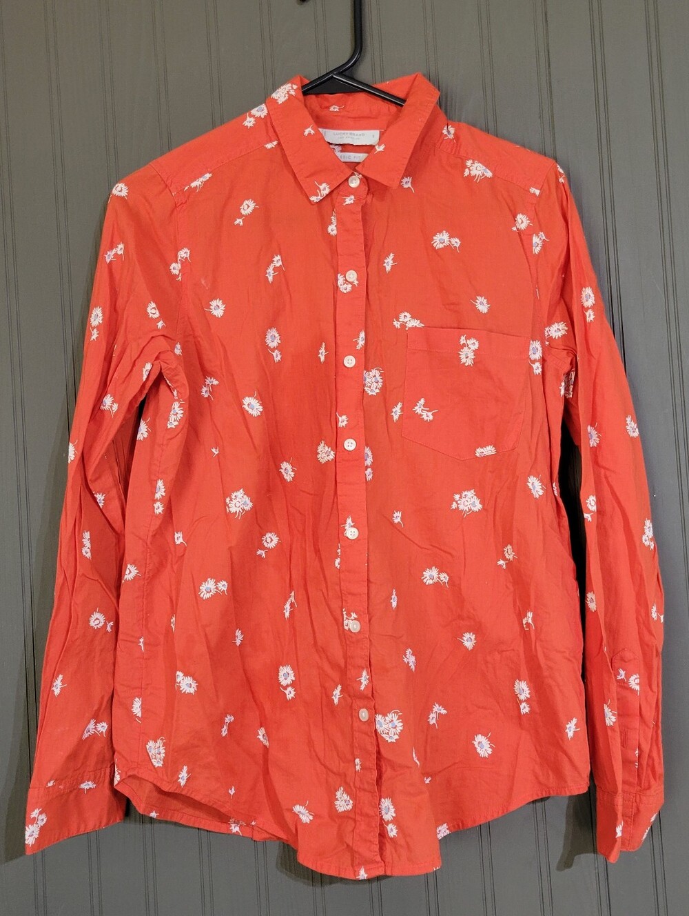 Lucky Brand Long Sleeve Button Down Shirt Floral Print Orange Women's Small